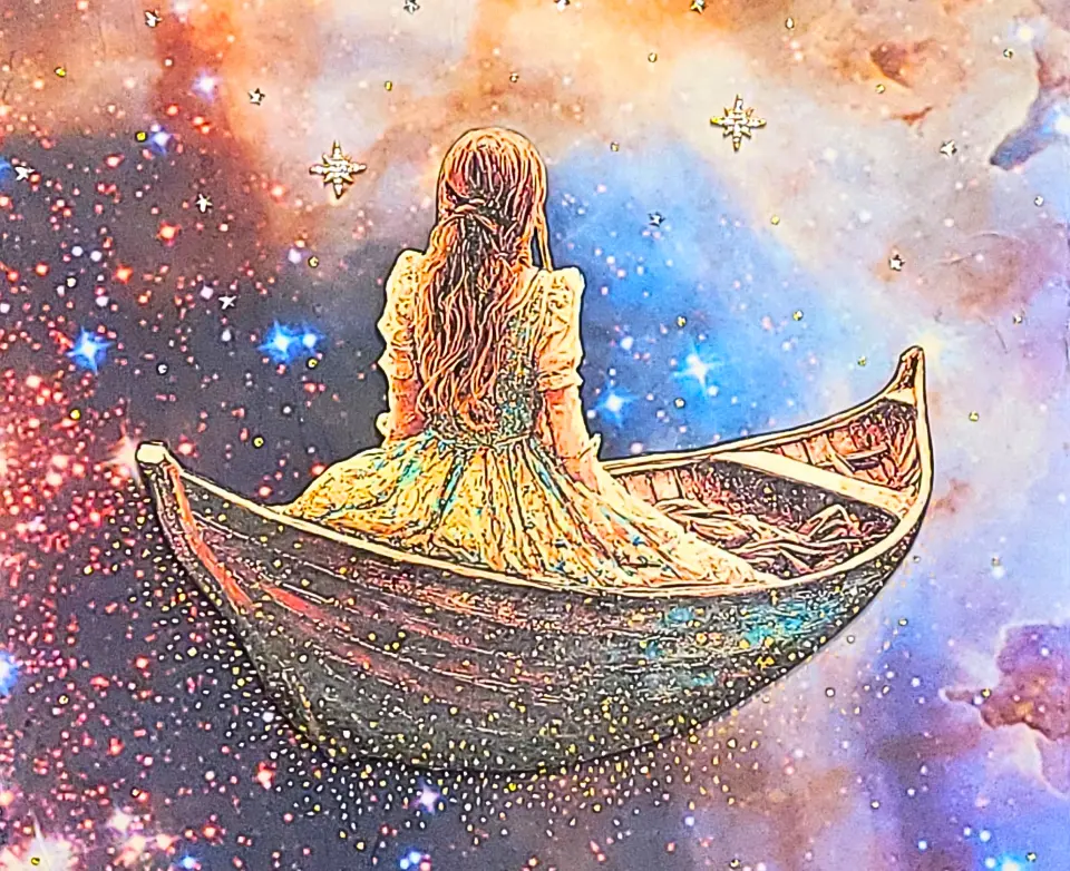 A painting of a woman in a boat floating on the water.