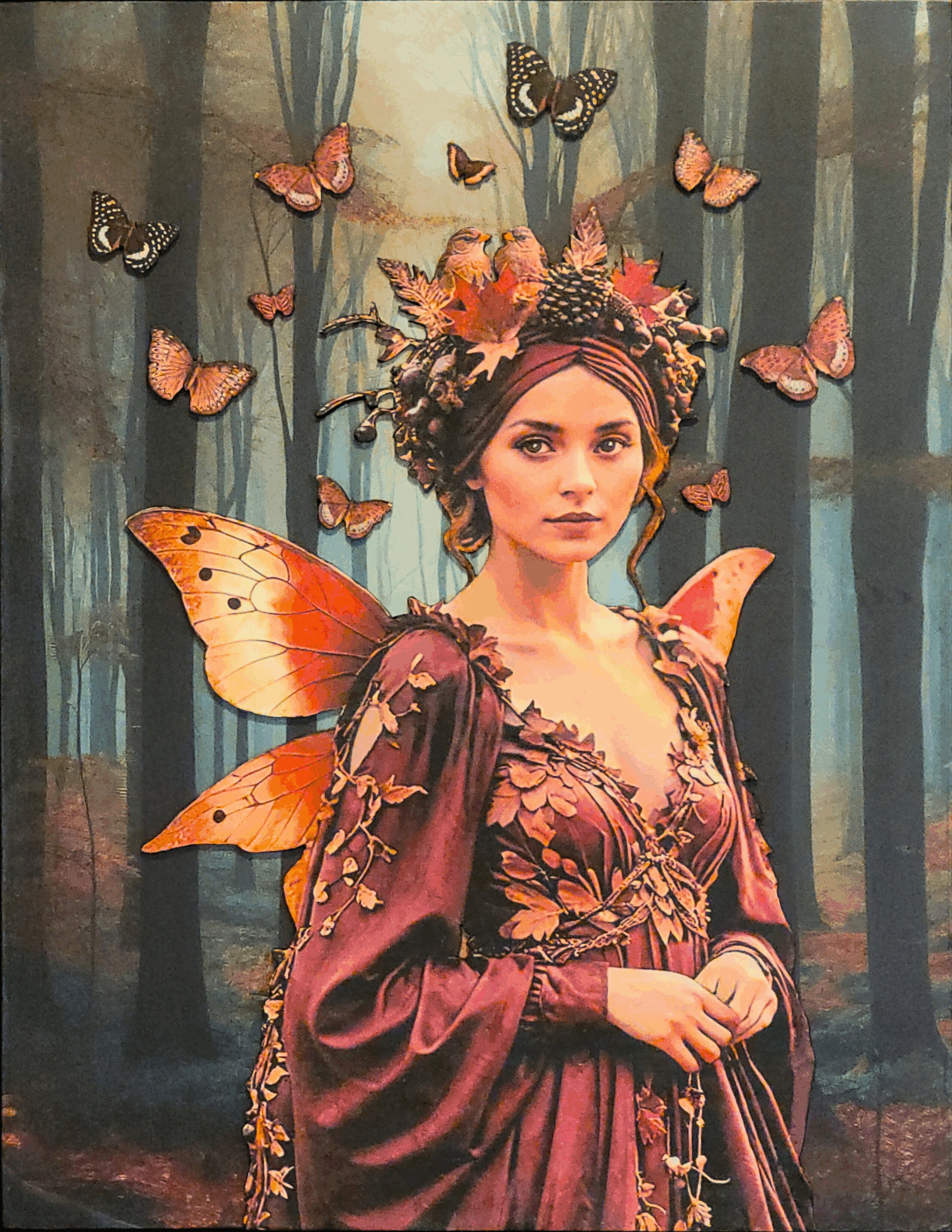 Autimn Fairy A woman in a fairy costume with butterflies around her.