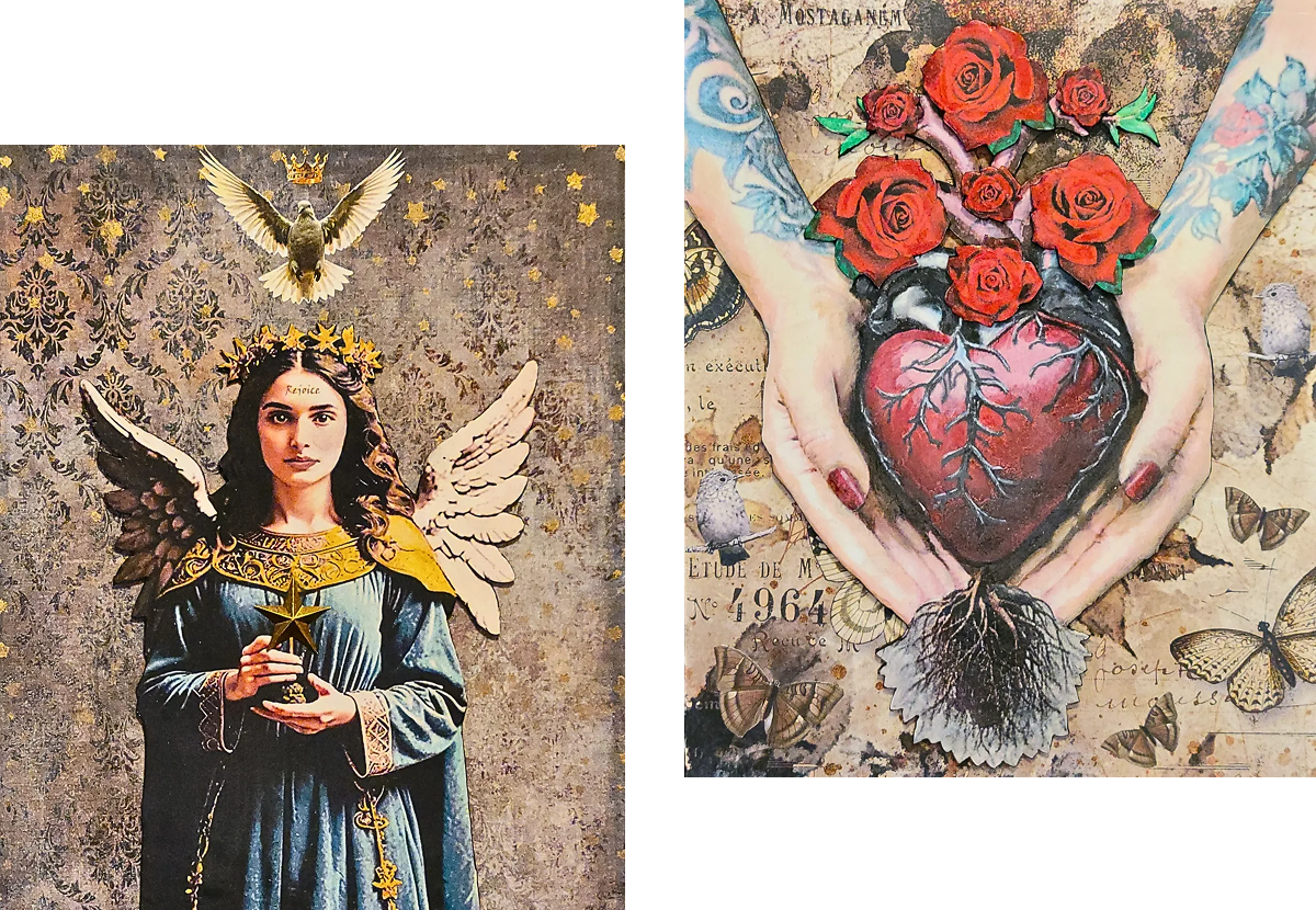 Hero A painting of an angel holding a heart and a flower.