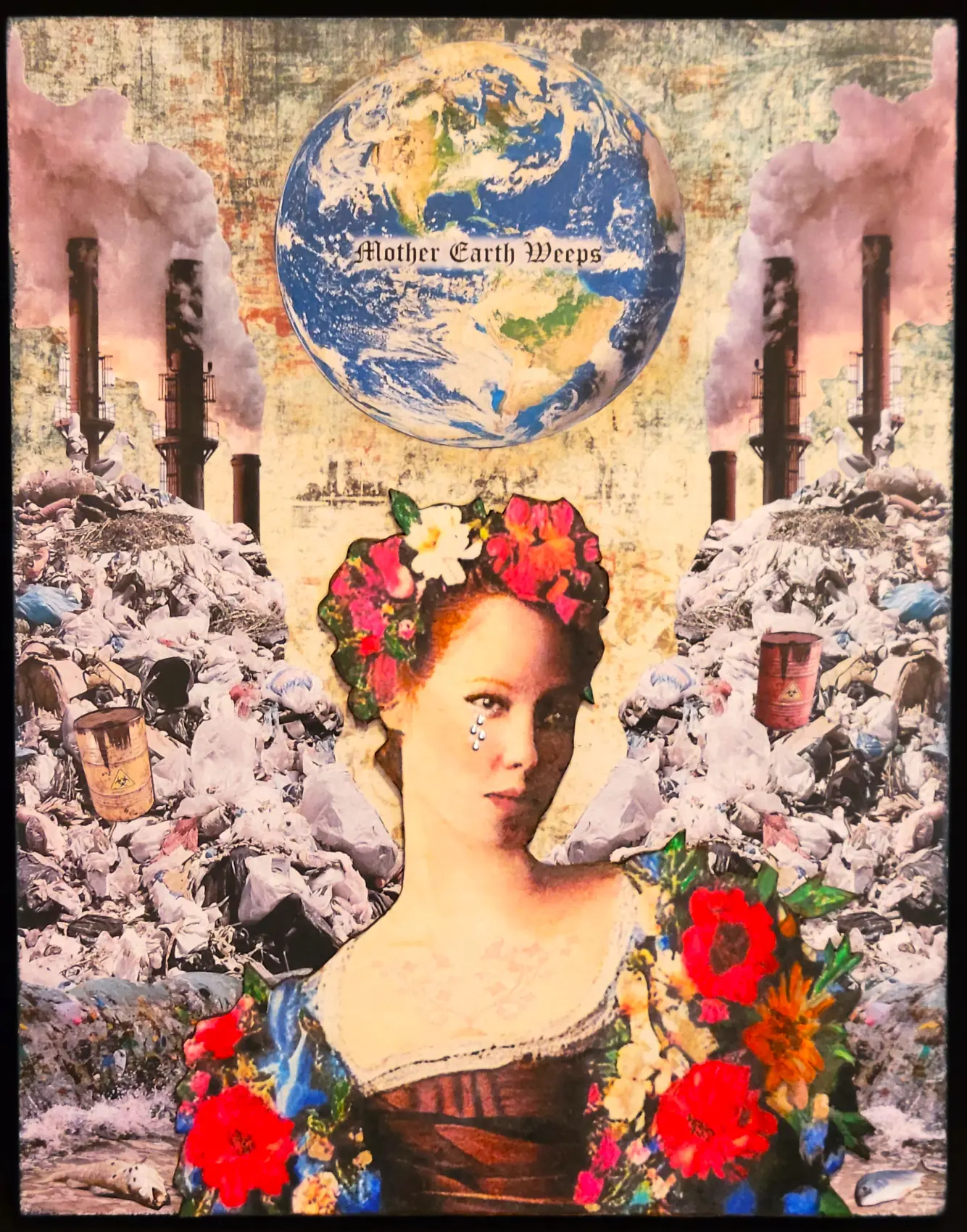 A woman with flowers in her hair and a globe on the back of her head.
