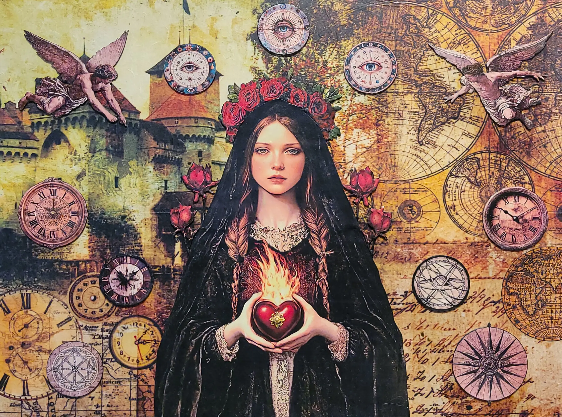 Navigating Eternity A painting of a woman holding a heart.
