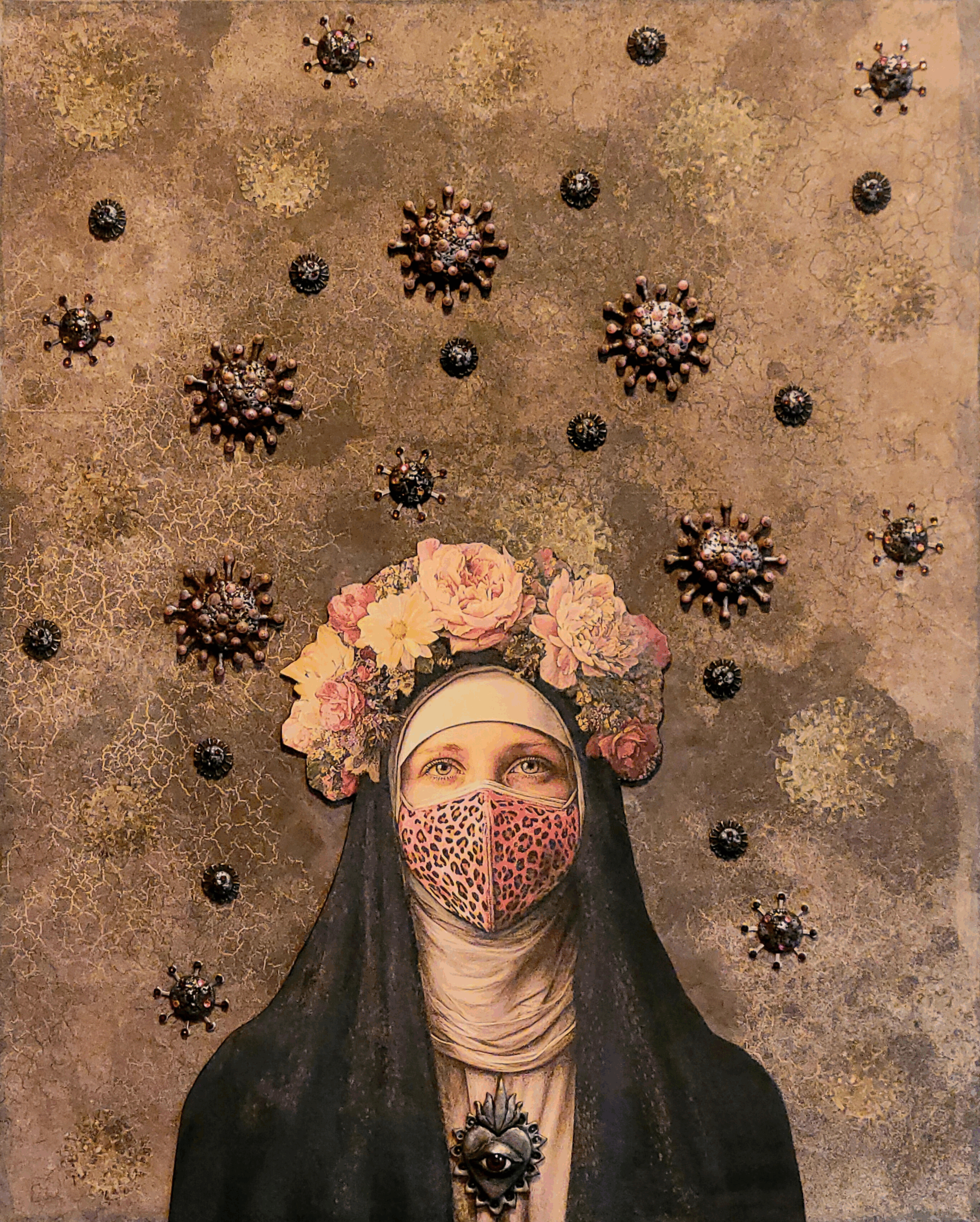Protect Us from Viruses A painting of a nun wearing a mask and surrounded by viruses.