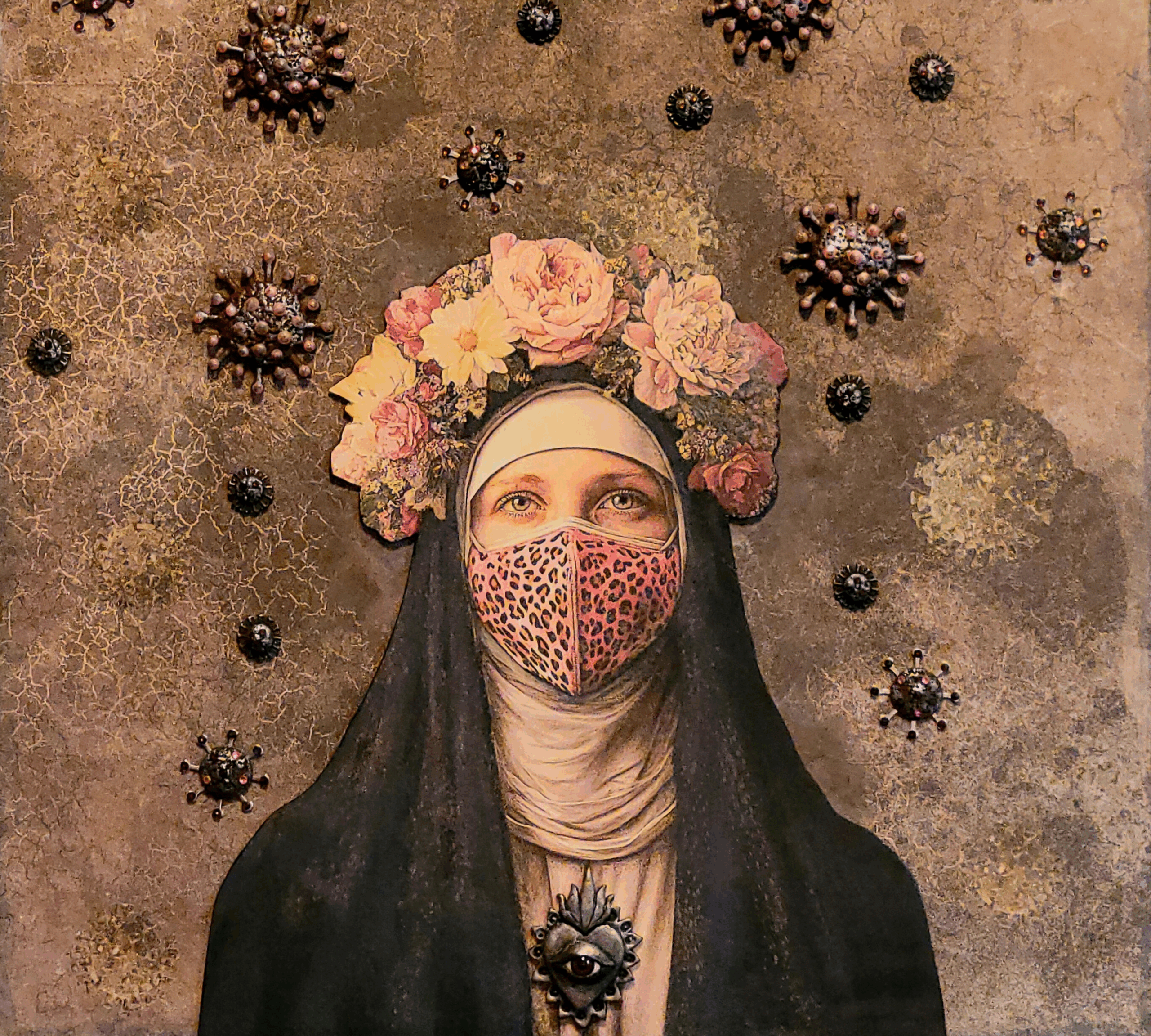 A painting of a woman wearing a mask and veil.