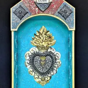 Handcrafted turquoise shrine with jeweled sacred heart