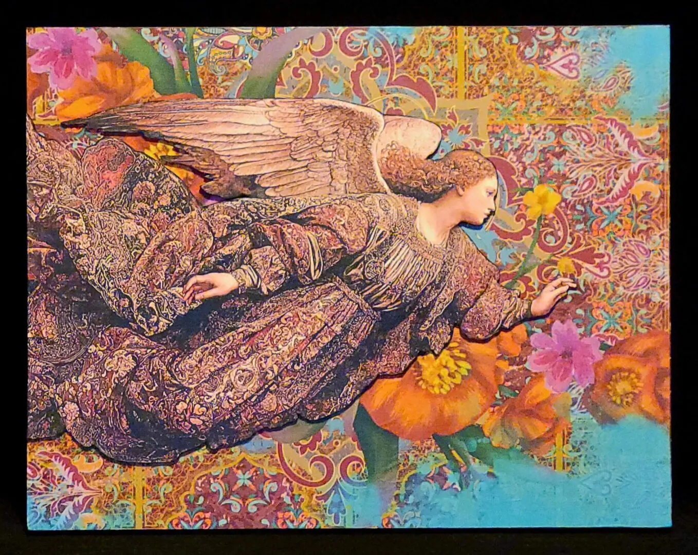 Angel in ornate robe amidst vibrant flowers.