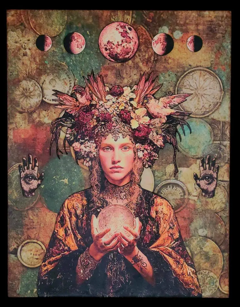 Fantasy figure with floral headdress and orb.