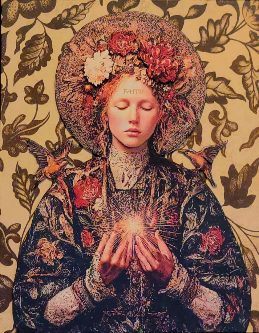 Woman with floral halo and glowing orb.