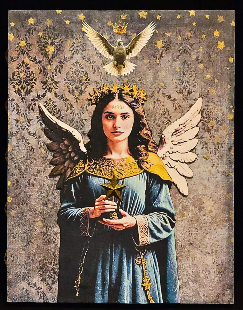 Angel with wings, crown, and dove above.