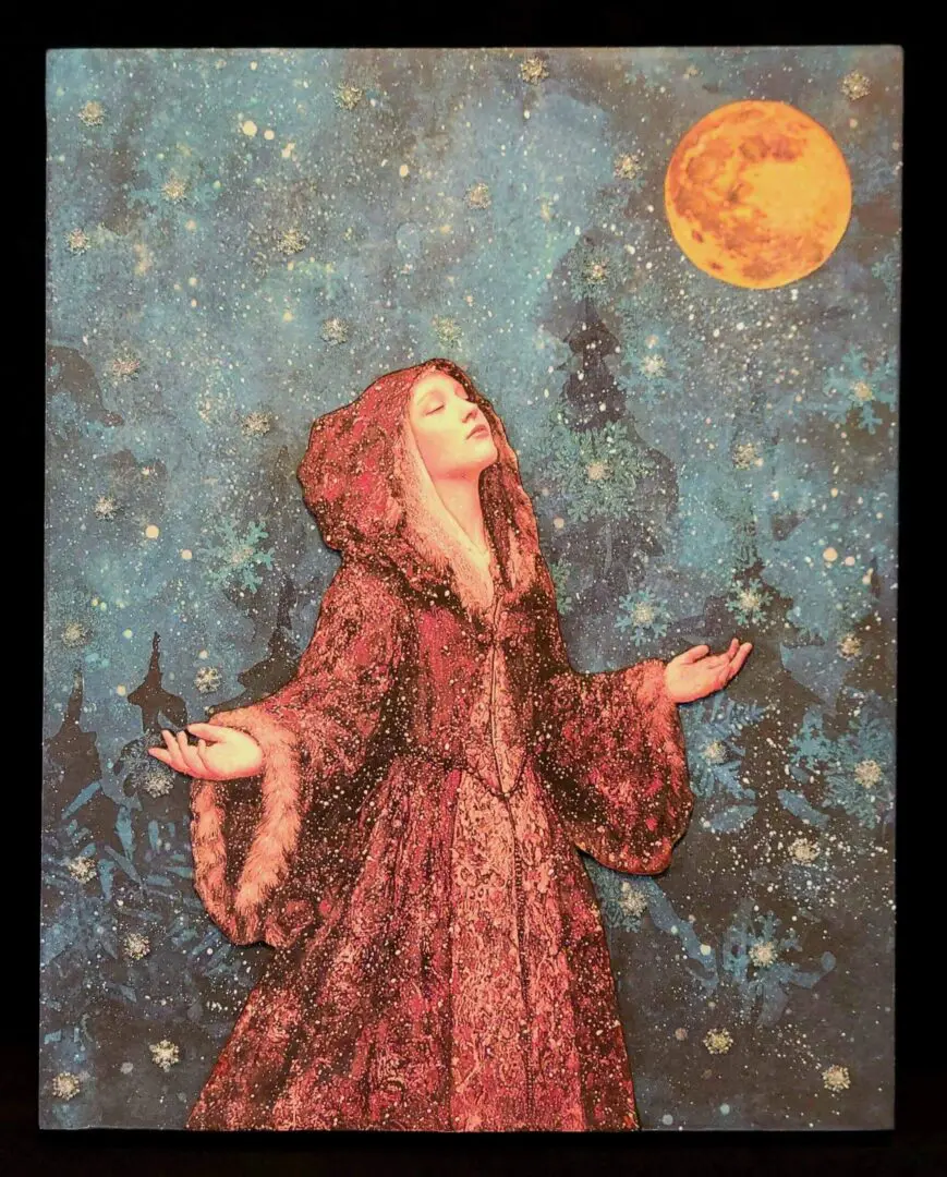 Woman in red cloak under full moon.