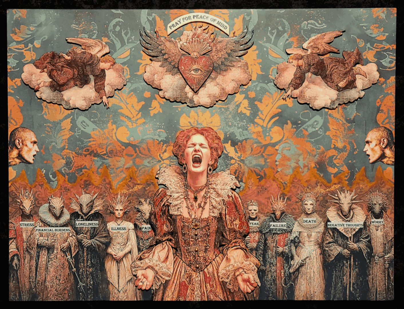 Renaissance figure surrounded by angels and figures.