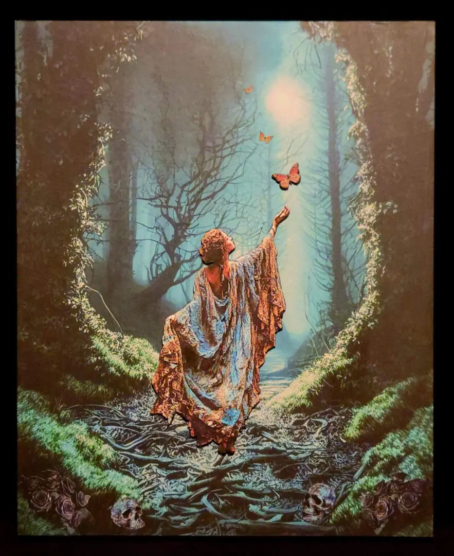 Mystical woman in flowing robe reaching for butterflies