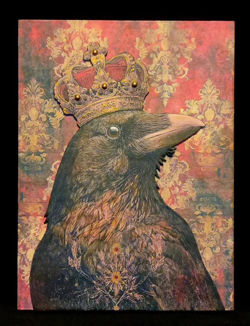 Regal raven wearing ornate jeweled crown