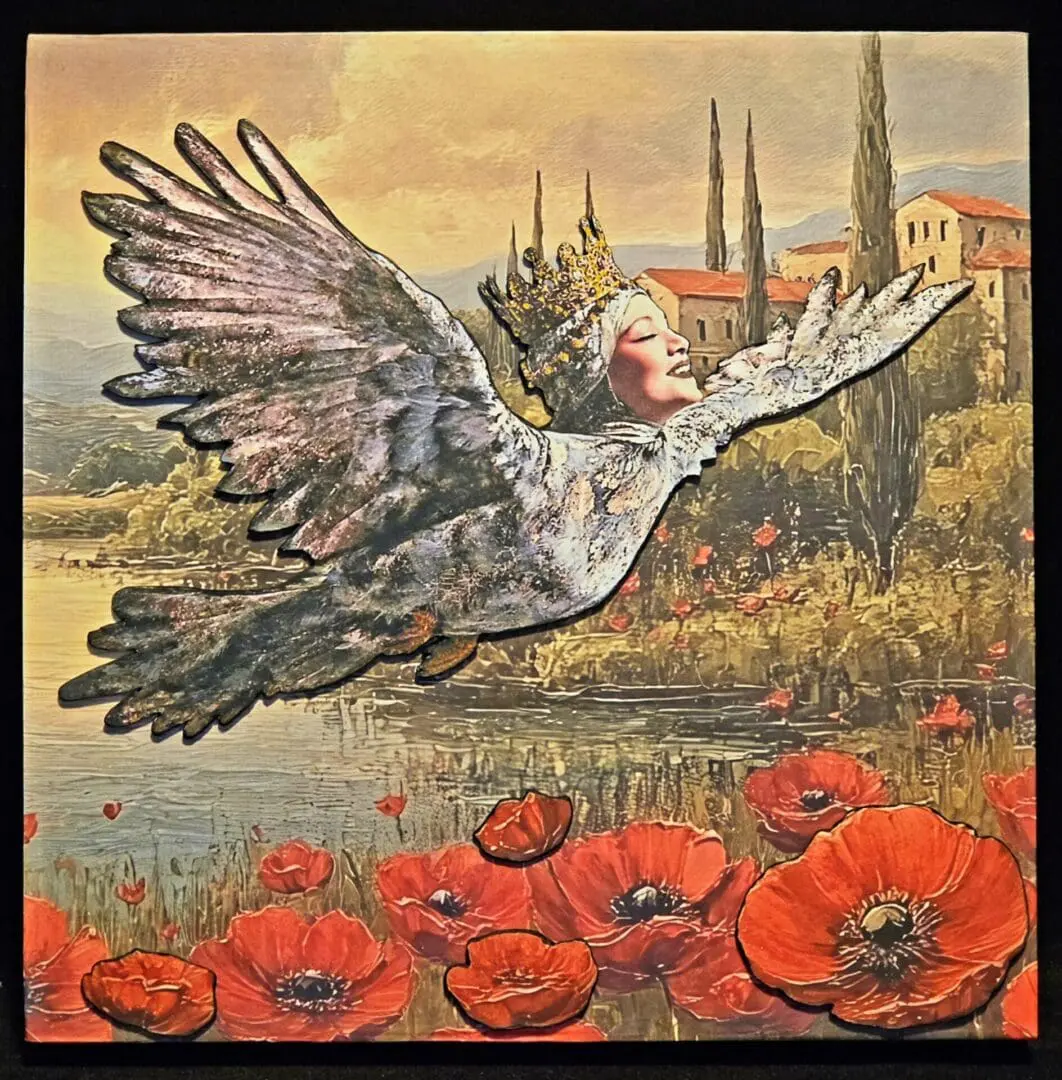 Crowned woman with wings flying over poppies