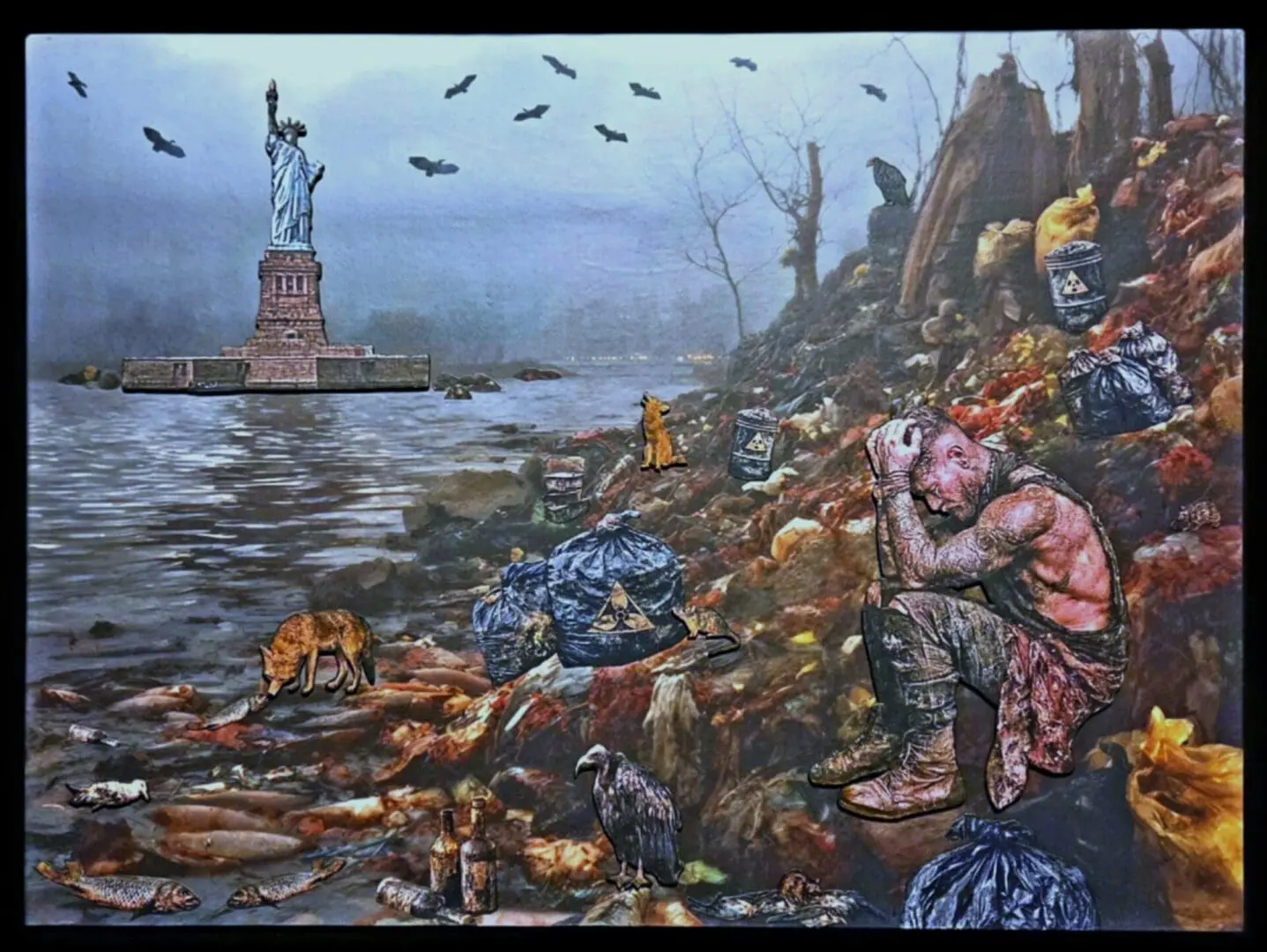 Man sitting among trash on polluted shore