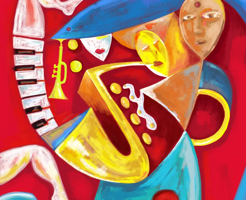 Colorful abstract jazz scene with saxophone