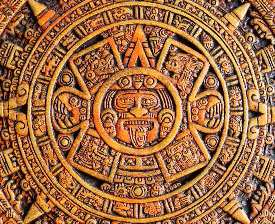 Close-up of Aztec calendar stone carving