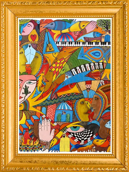 Framed vibrant abstract collage with piano keys