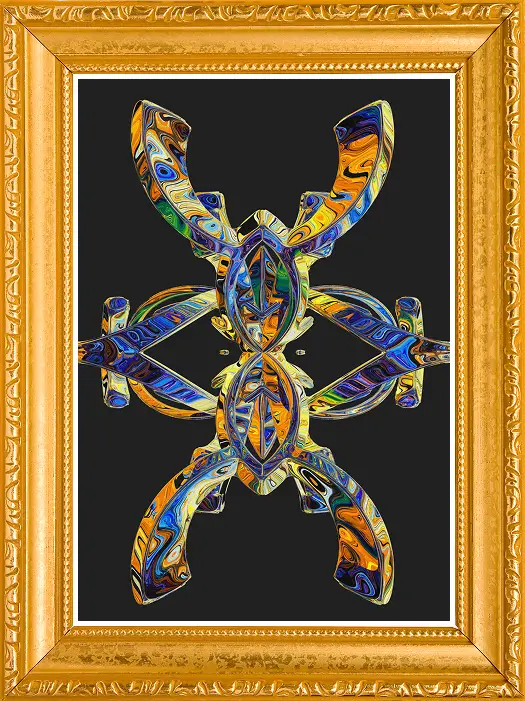 Colorful abstract symmetrical ornament in gold frame