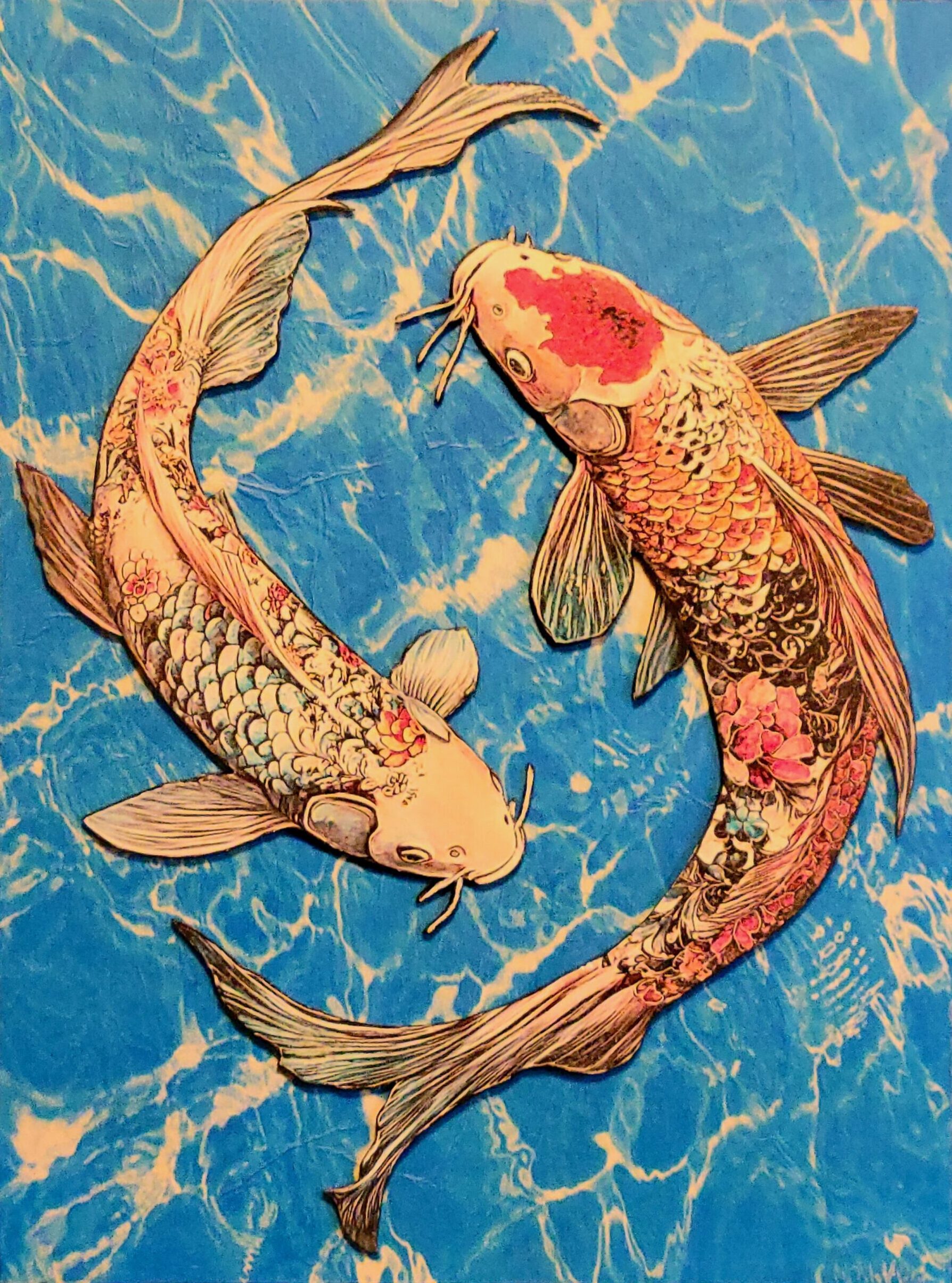 Two koi fish swimming in a circle on the water.
