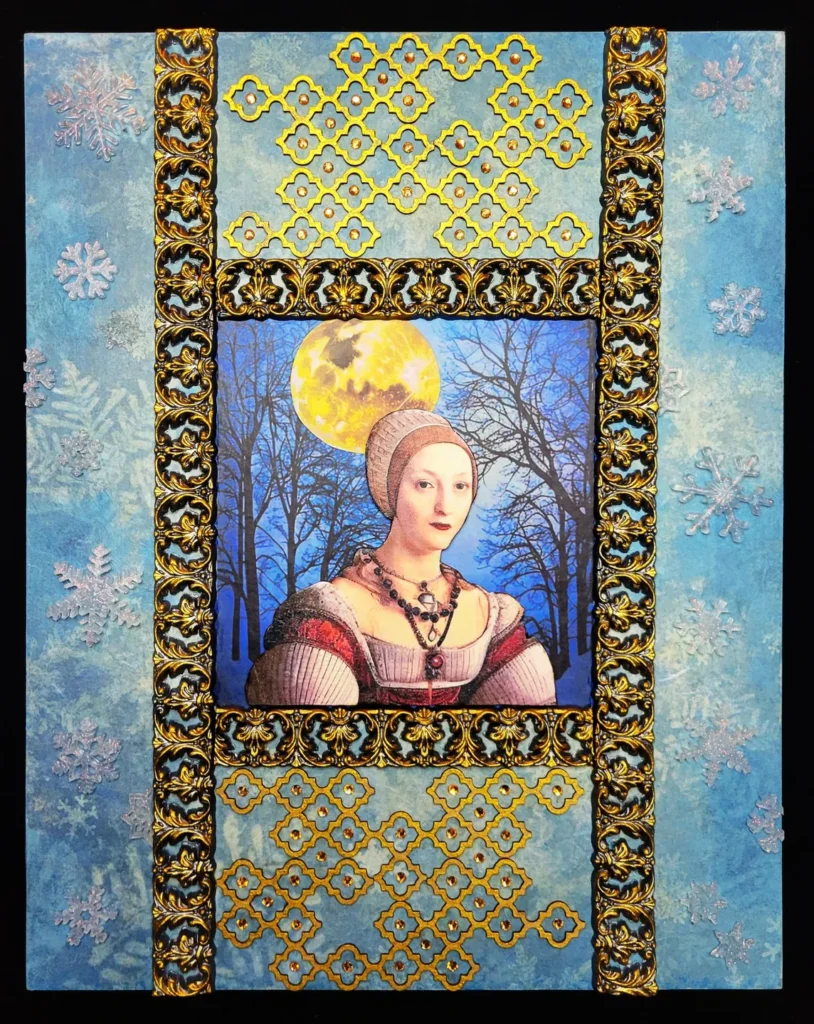 A painting of a princess sitting on top of a frog.