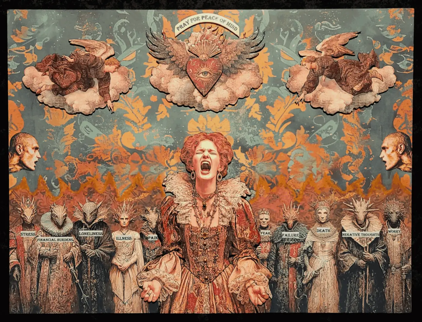 Renaissance figure surrounded by angels and figures-