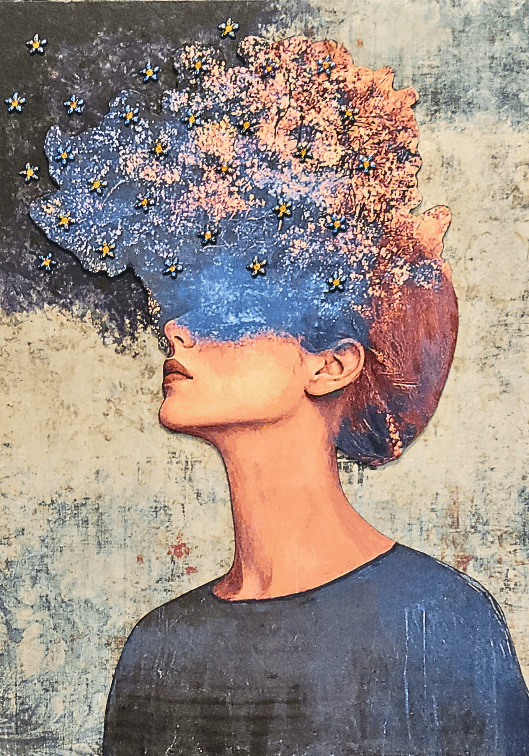 Surreal portrait with sky and stars.