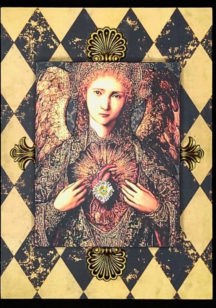 Angel with heart, ornate background design.