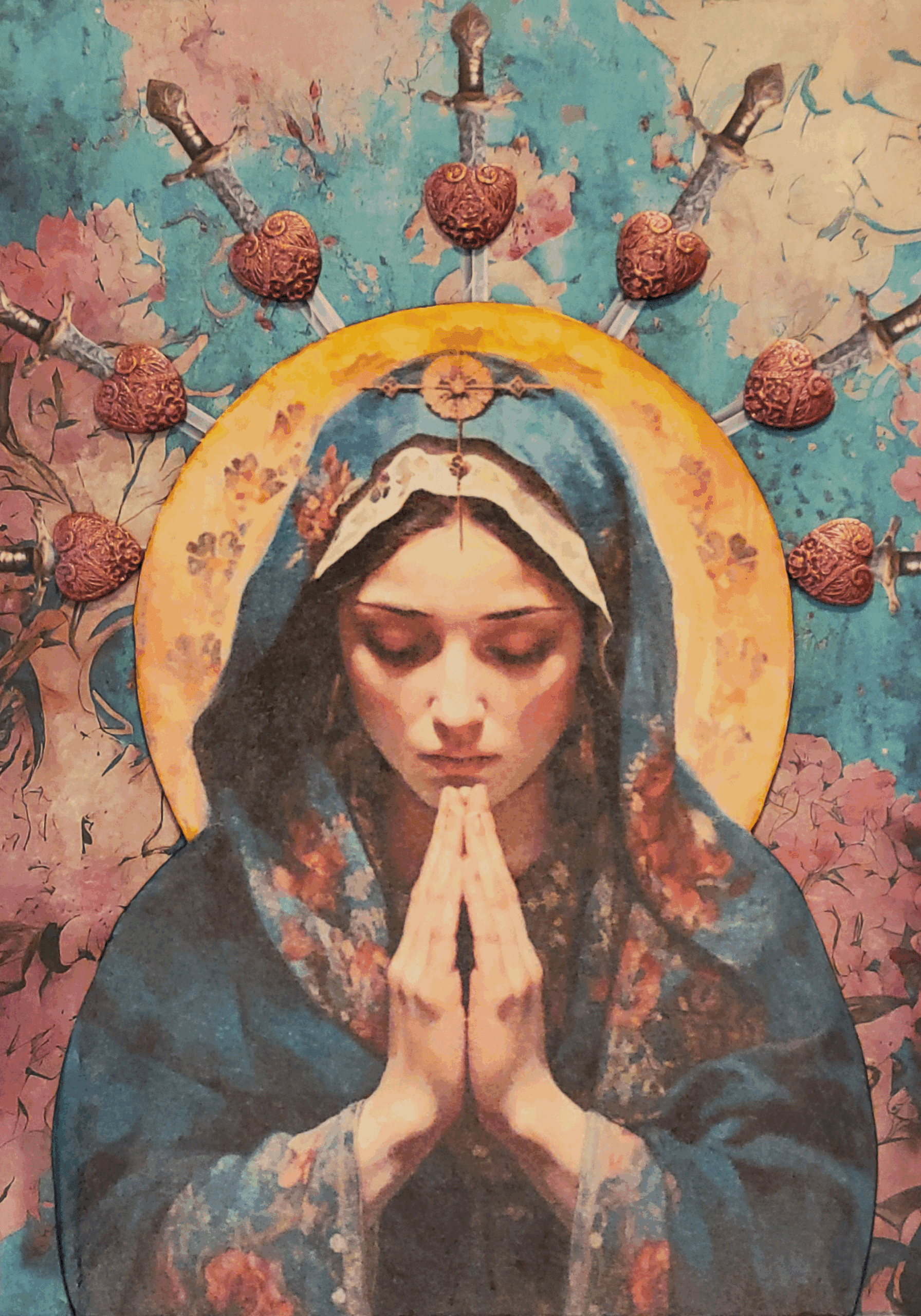 The Seven Rejoices of Mary A painting of the virgin mary with her hands folded in prayer.